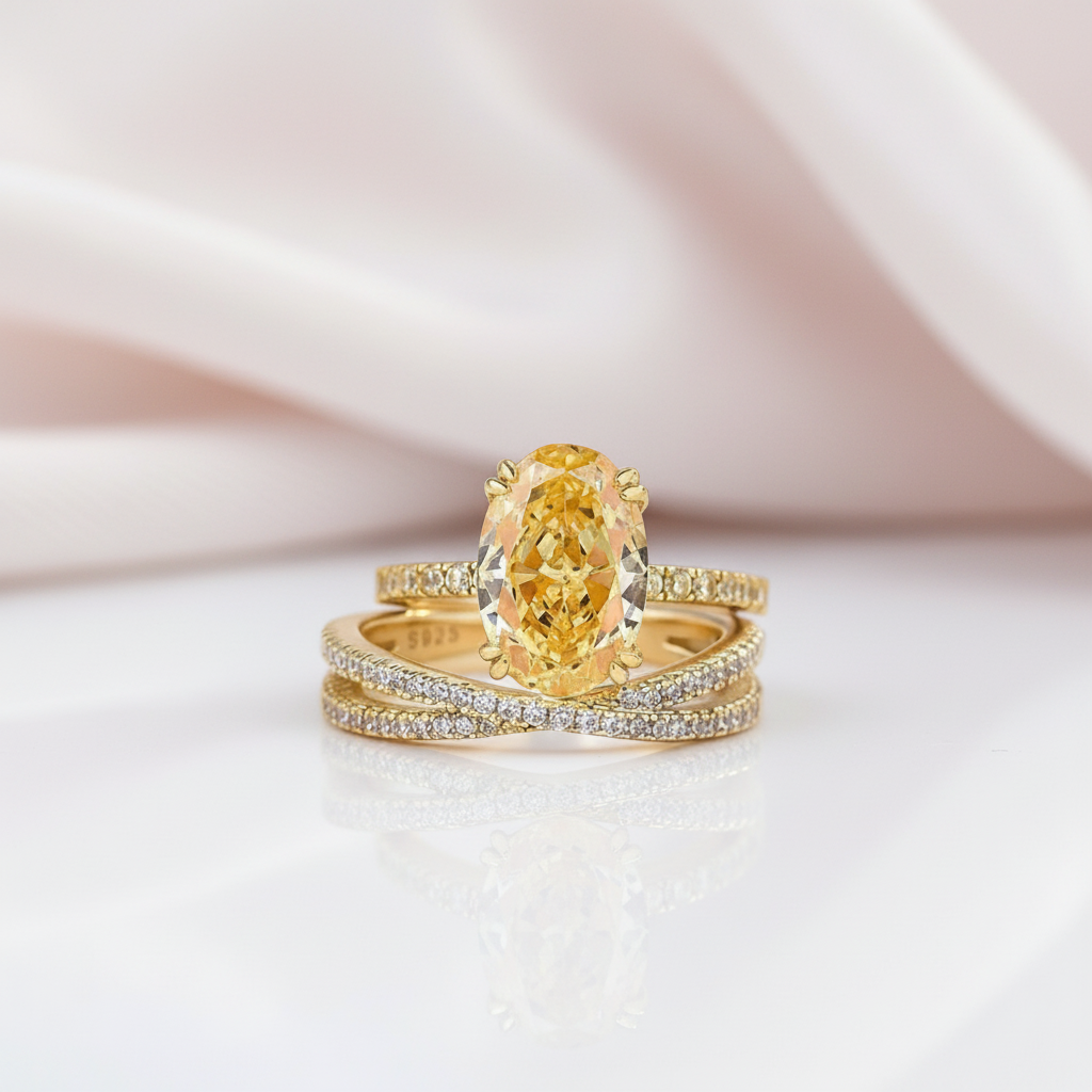 Exquisite Yellow Gold Oval Cut Yellow Sapphire Ring Set-Black Diamonds New York