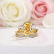 Exquisite Yellow Gold Oval Cut Yellow Sapphire Ring Set-Black Diamonds New York