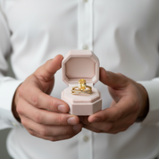 Person holding a pink jewelry box with a gold ring inside, wearing a white shirt.
