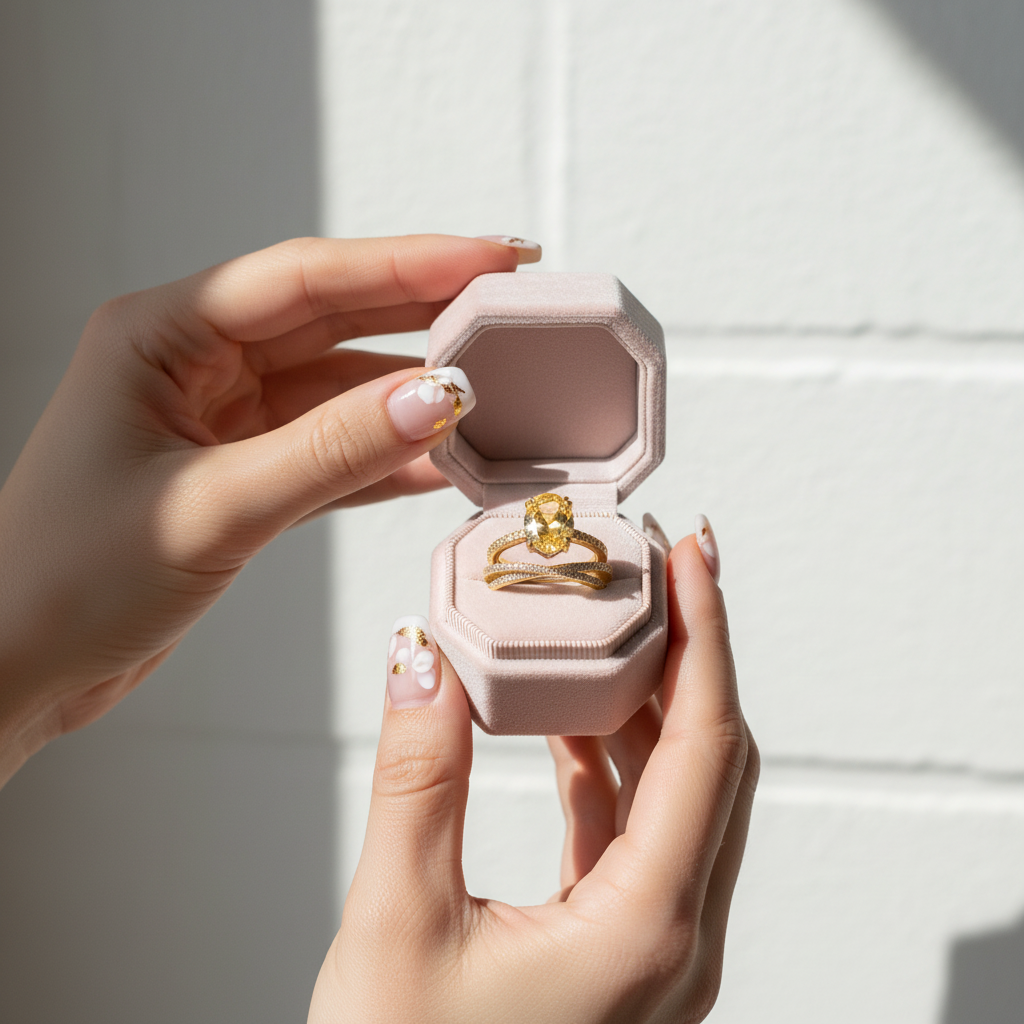 Hand holding a pink jewelry box with a gold ring inside against a neutral background