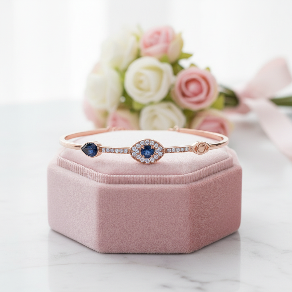 Rose gold bracelet with blue gemstone on a pink jewelry box with flowers in the background