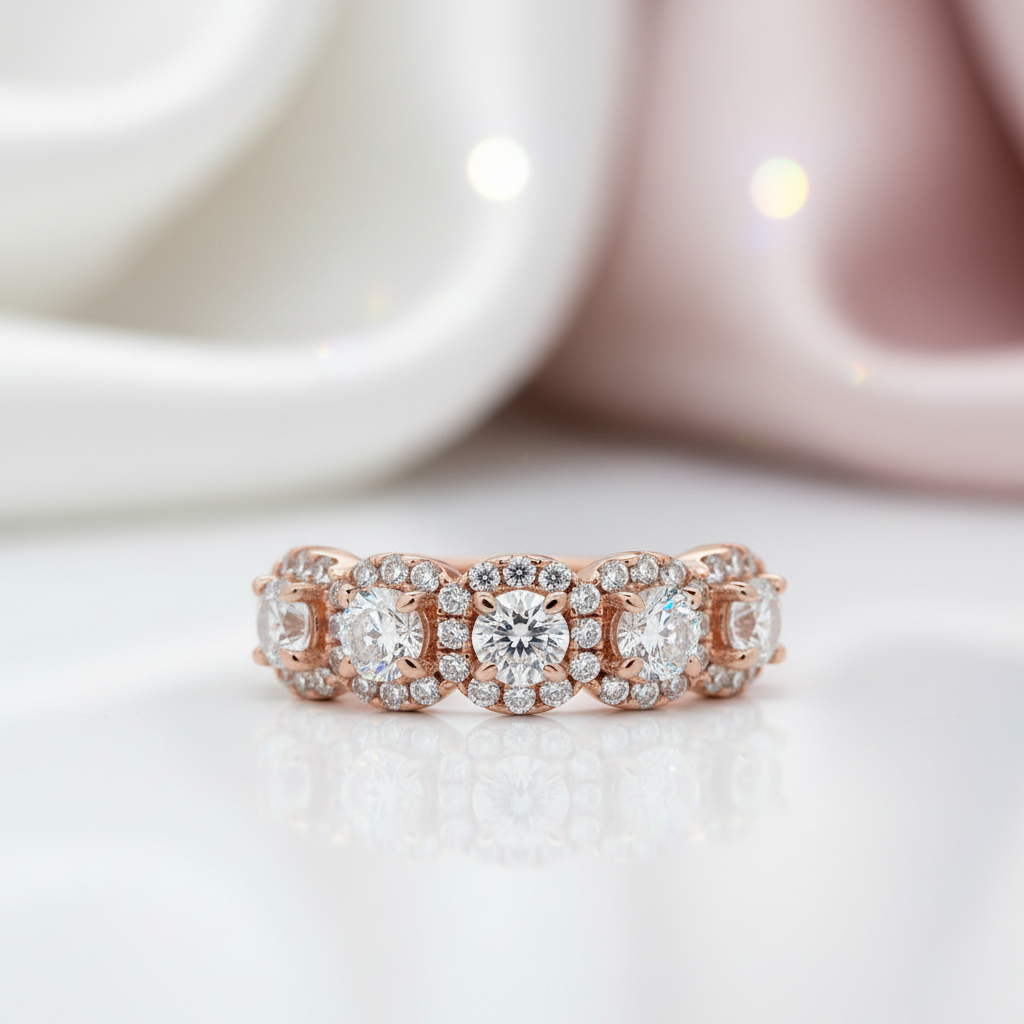 Fashion Rose Gold Halo Round Cut Wedding Band-Black Diamonds New York