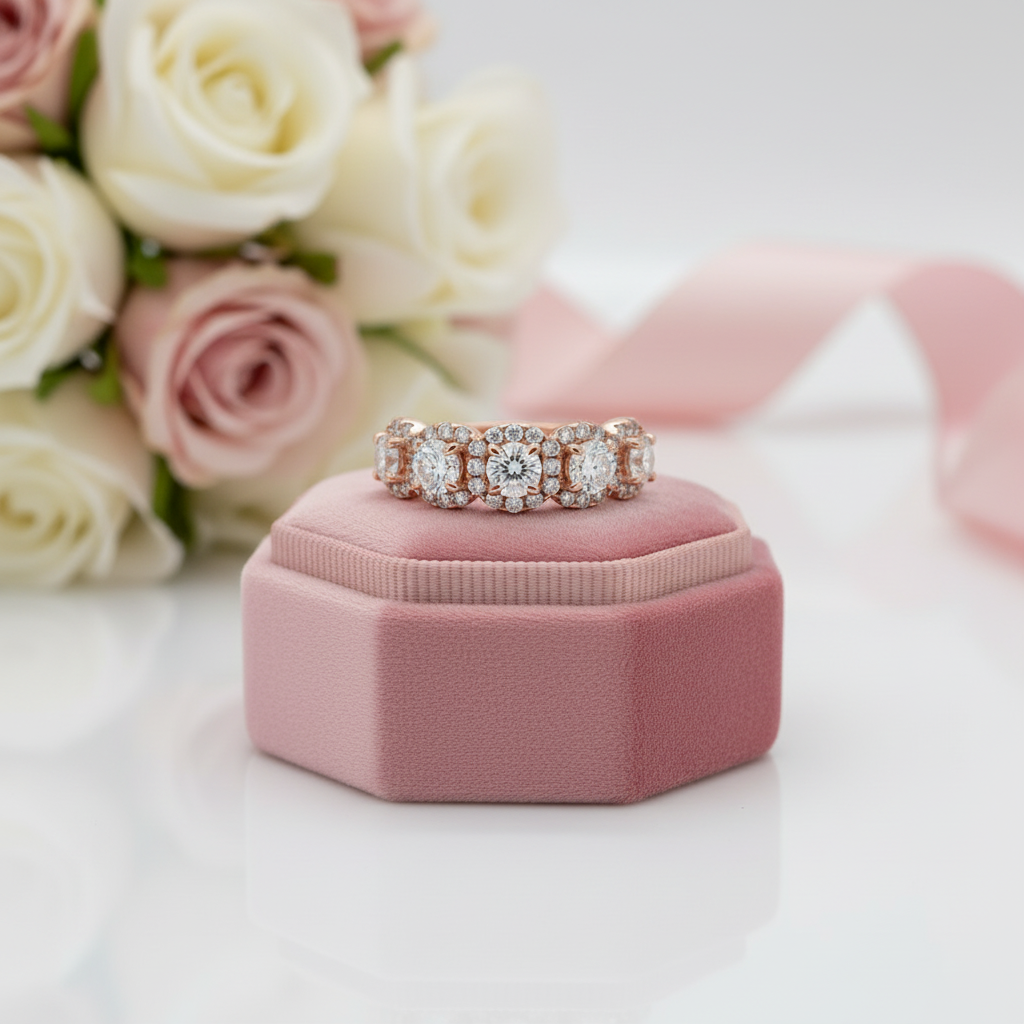 Fashion Rose Gold Halo Round Cut Wedding Band-Black Diamonds New York