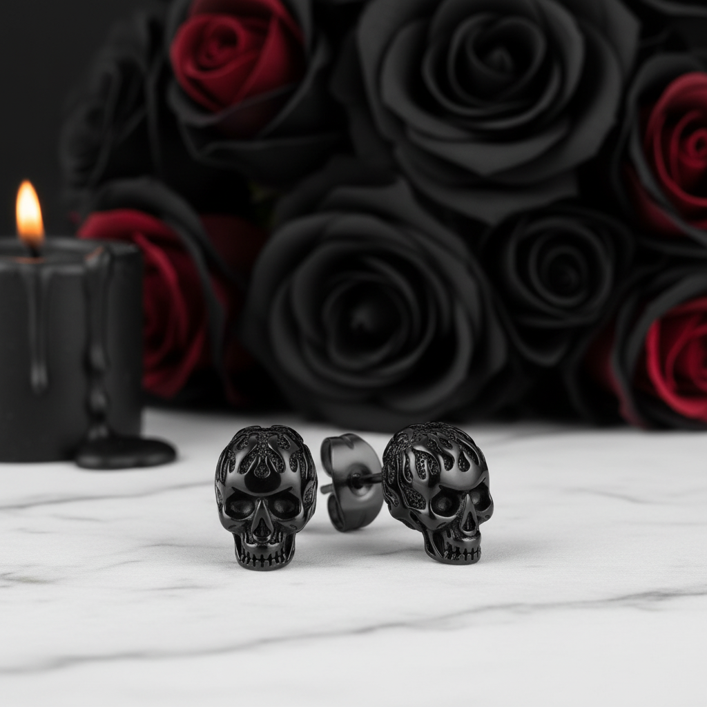Black skull earrings with a candle and black roses in the background