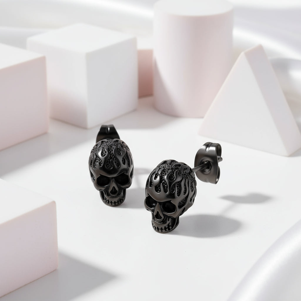 Flame Skull Gothic Unisex Stud Earrings-Black Diamonds New York