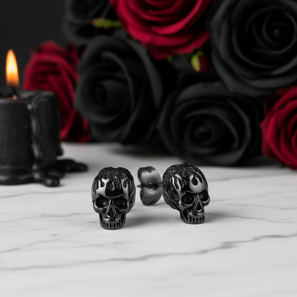 Flame Skull Gothic Unisex Stud Earrings-Black Diamonds New York