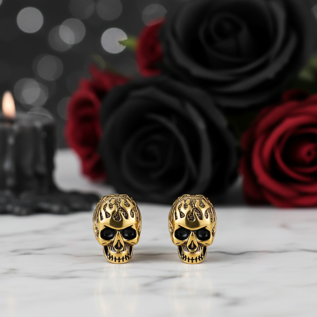 Gold skull-shaped earrings on a marble surface with black and red roses in the background.