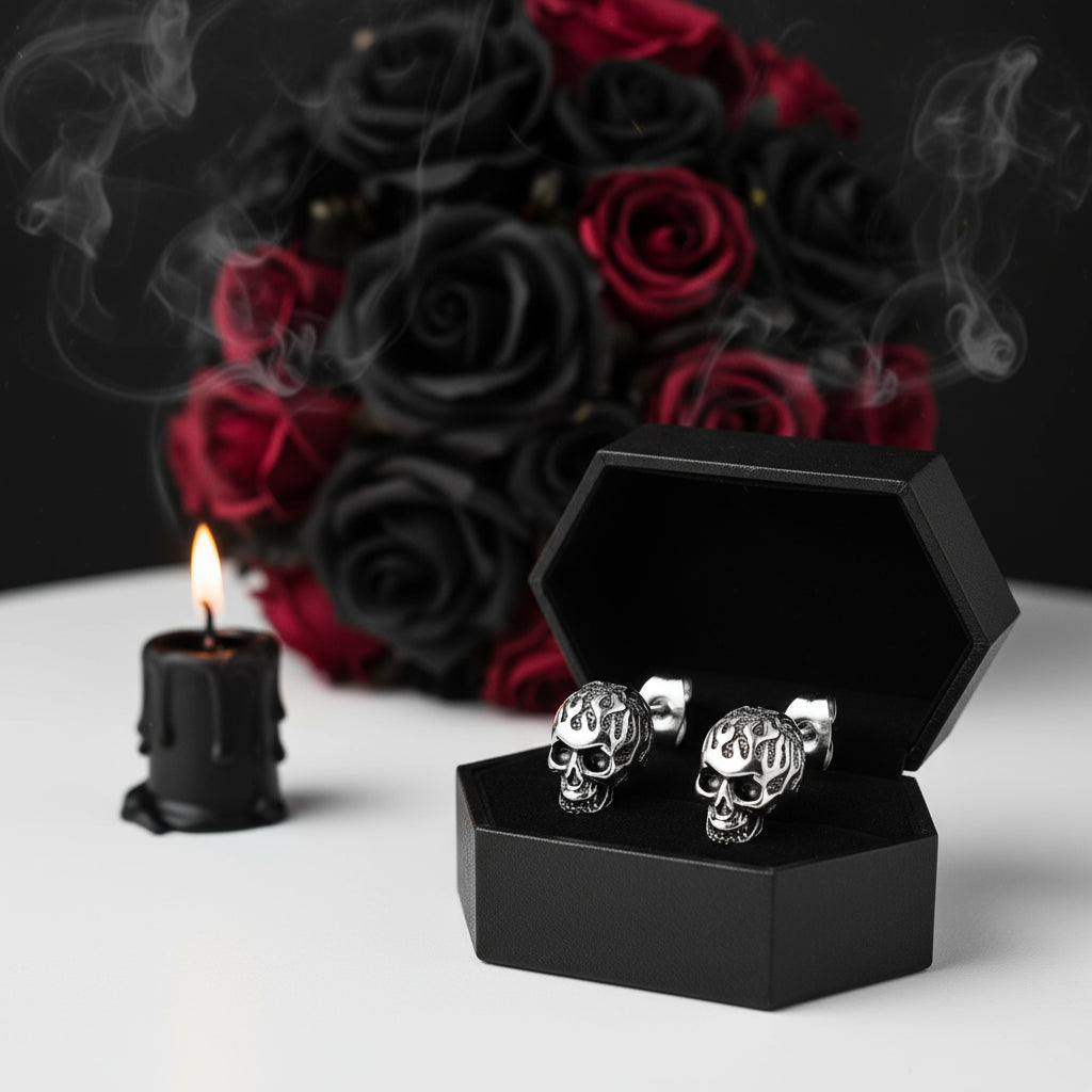 Flame Skull Gothic Unisex Stud Earrings-Black Diamonds New York