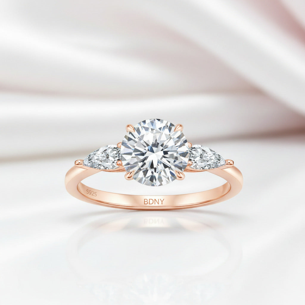 2ct Round cut Diamond Option Three Stone Rose Gold Ring-Black Diamonds New York