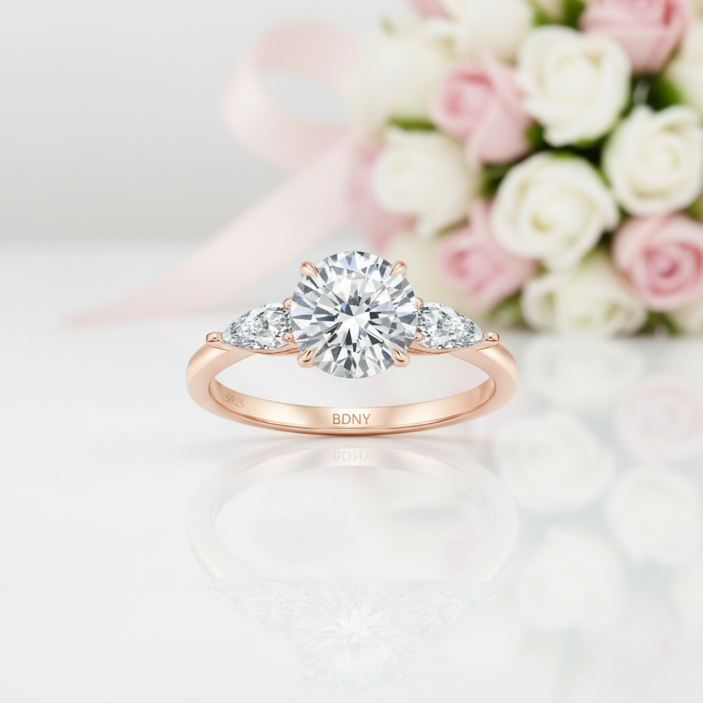 2ct Round cut Diamond Option Three Stone Rose Gold Ring-Black Diamonds New York