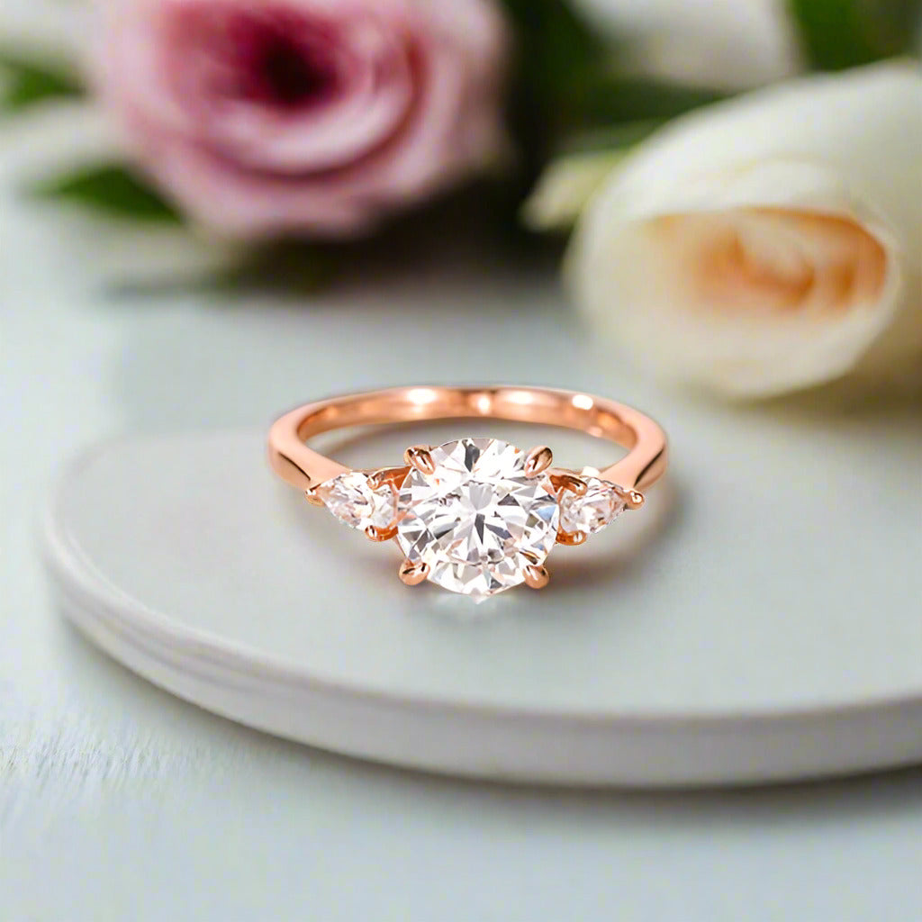 2ct Round cut Diamond Three Stone Rose Gold Ring-Black Diamonds New York