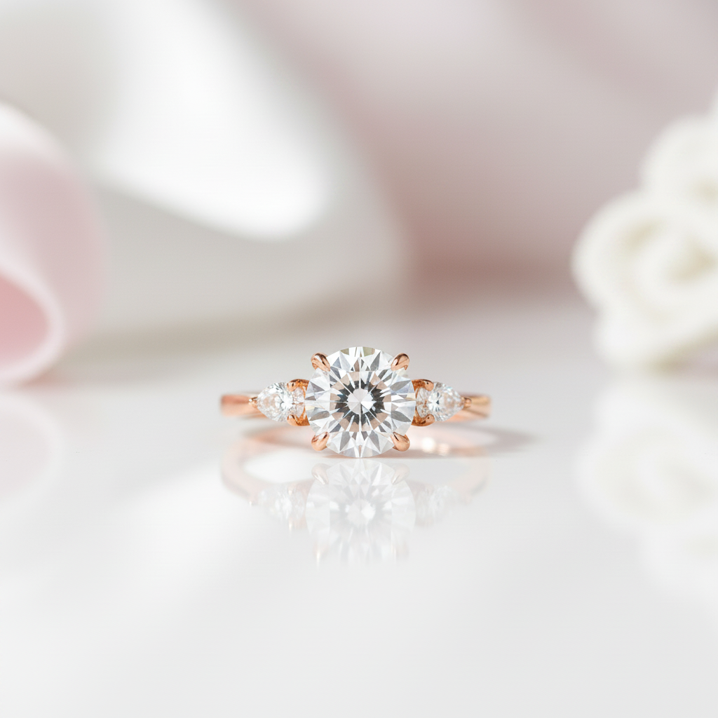 2ct Round cut Diamond Option Three Stone Rose Gold Ring-Black Diamonds New York