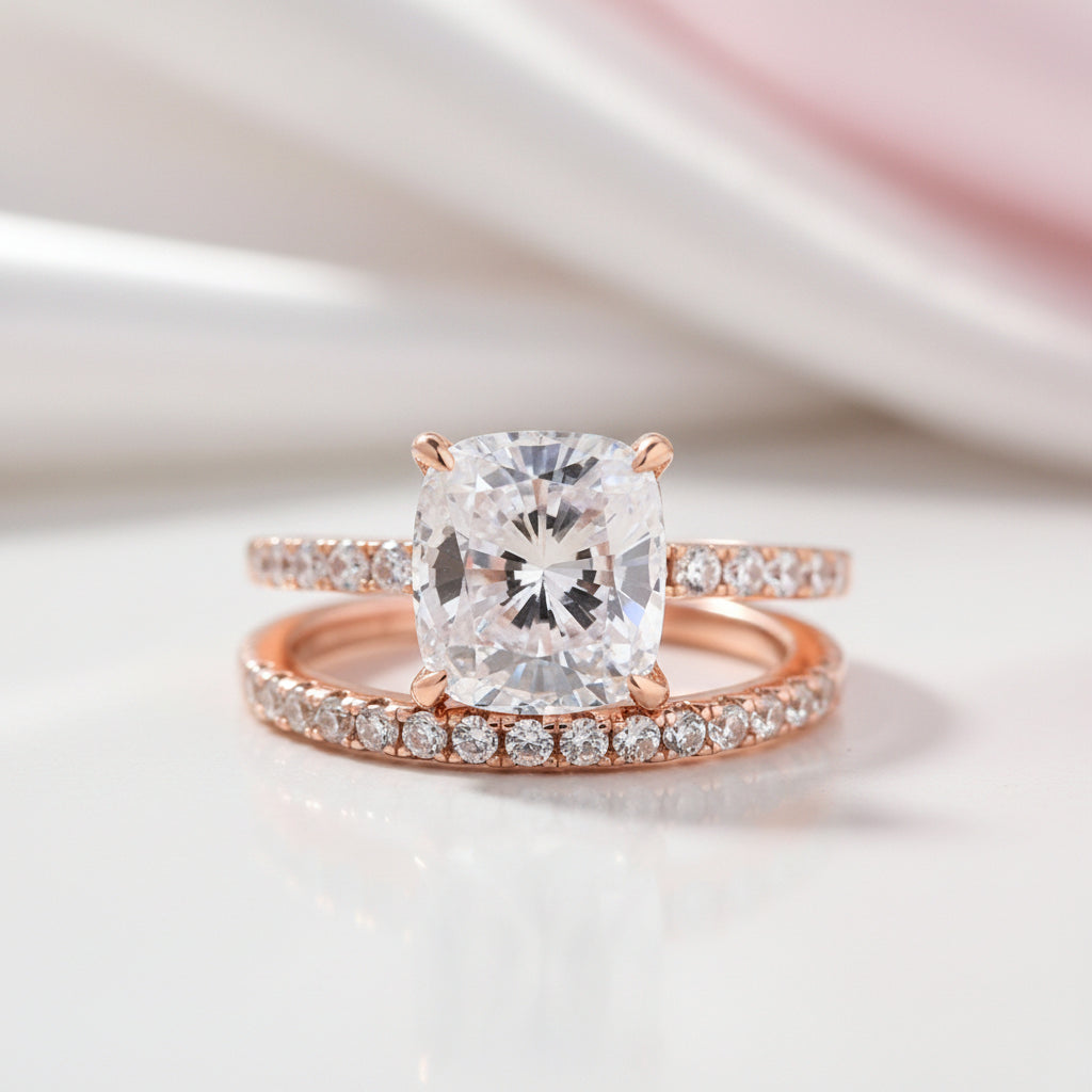 3.0ct Cushion Cut Rose Gold Clear Simulated Sapphire Wedding Ring Set-Black Diamonds New York