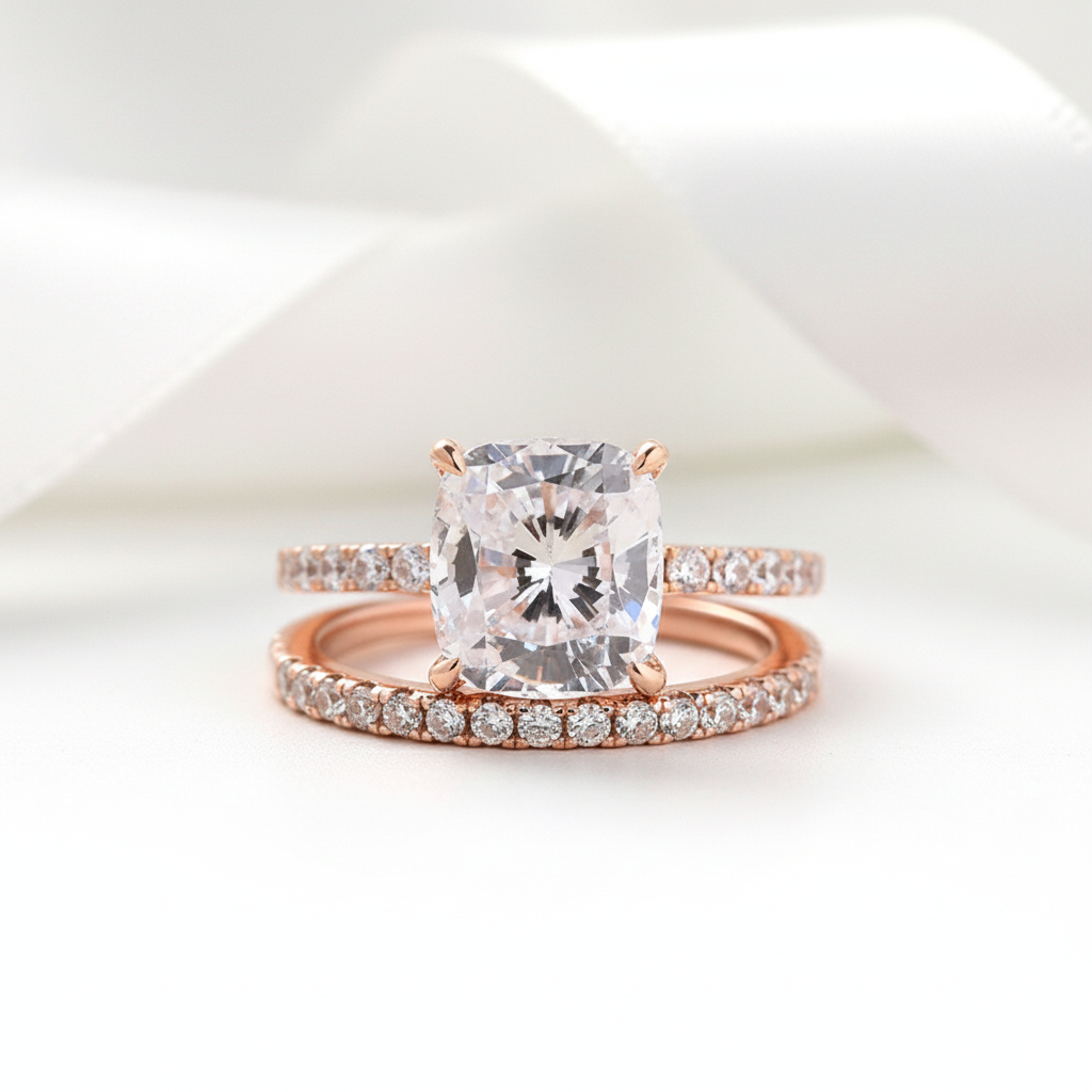 3.0ct Cushion Cut Rose Gold Clear Simulated Sapphire Wedding Ring Set-Black Diamonds New York