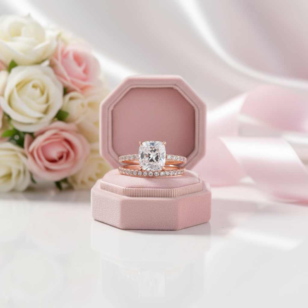 3.0ct Cushion Cut Rose Gold Clear Simulated Sapphire Wedding Ring Set-Black Diamonds New York