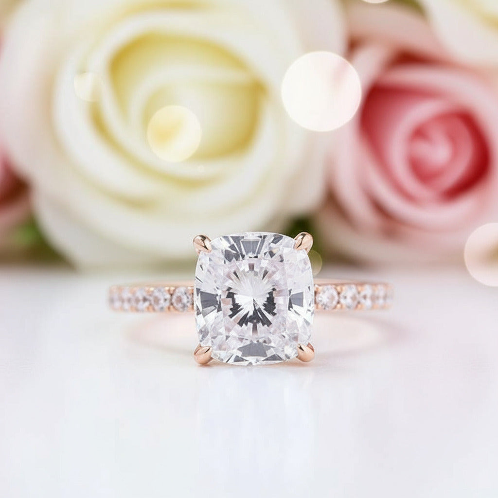 3.0ct Cushion Cut Rose Gold Clear Simulated Sapphire Wedding Ring Set-Black Diamonds New York