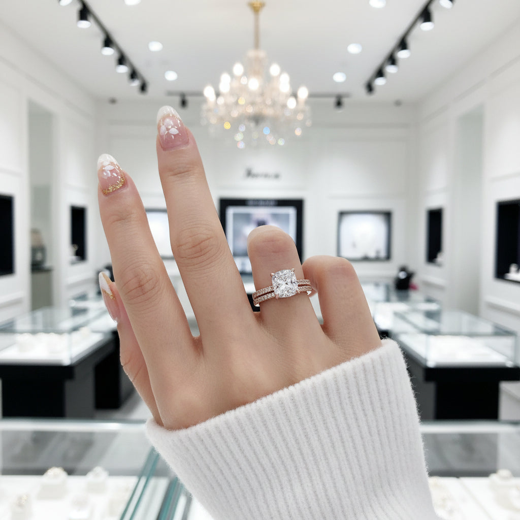 3.0ct Cushion Cut Rose Gold Clear Simulated Sapphire Wedding Ring Set-Black Diamonds New York