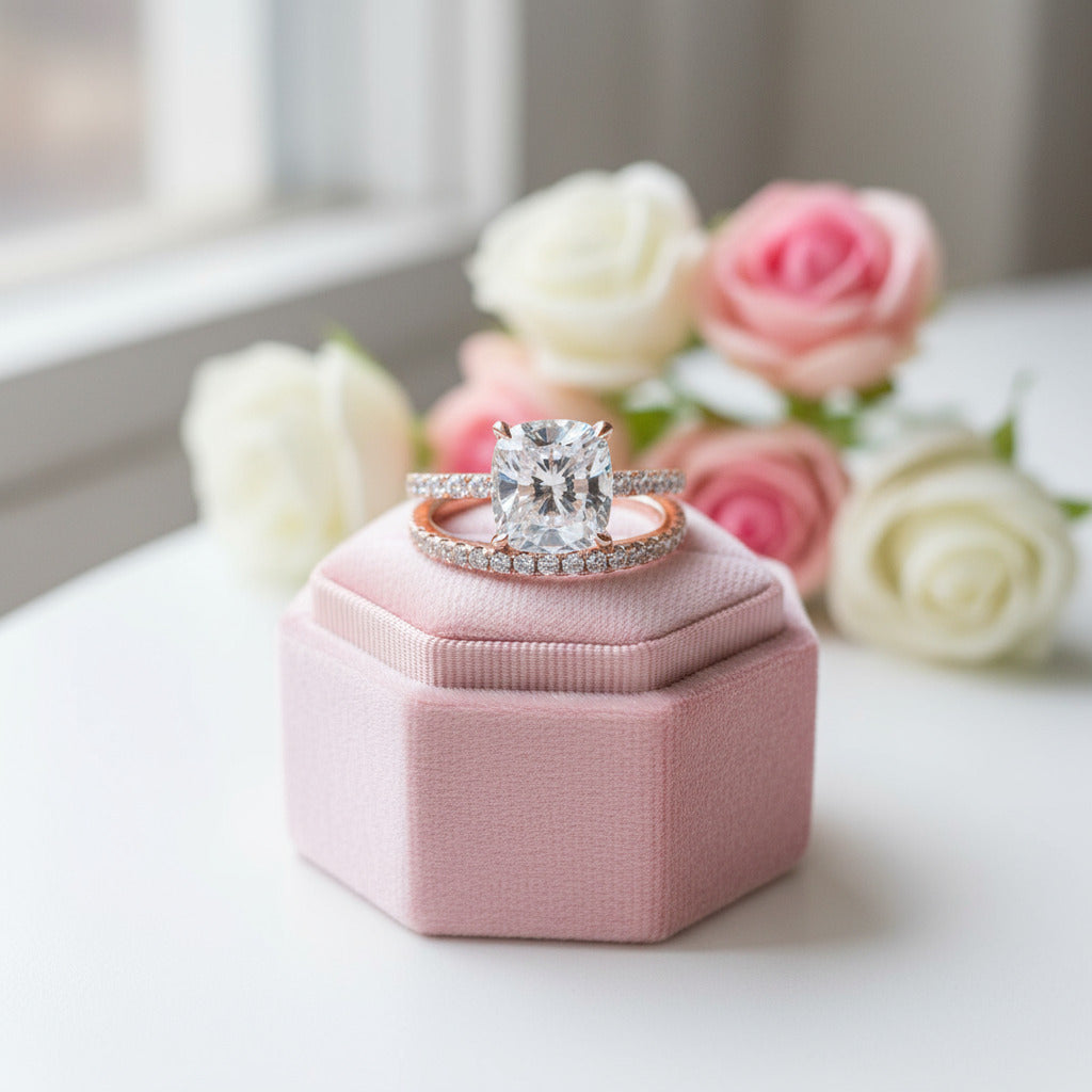 3.0ct Cushion Cut Rose Gold Clear Simulated Sapphire Wedding Ring Set-Black Diamonds New York