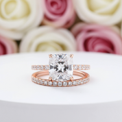 3.0ct Cushion Cut Rose Gold Clear Simulated Sapphire Wedding Ring Set-Black Diamonds New York