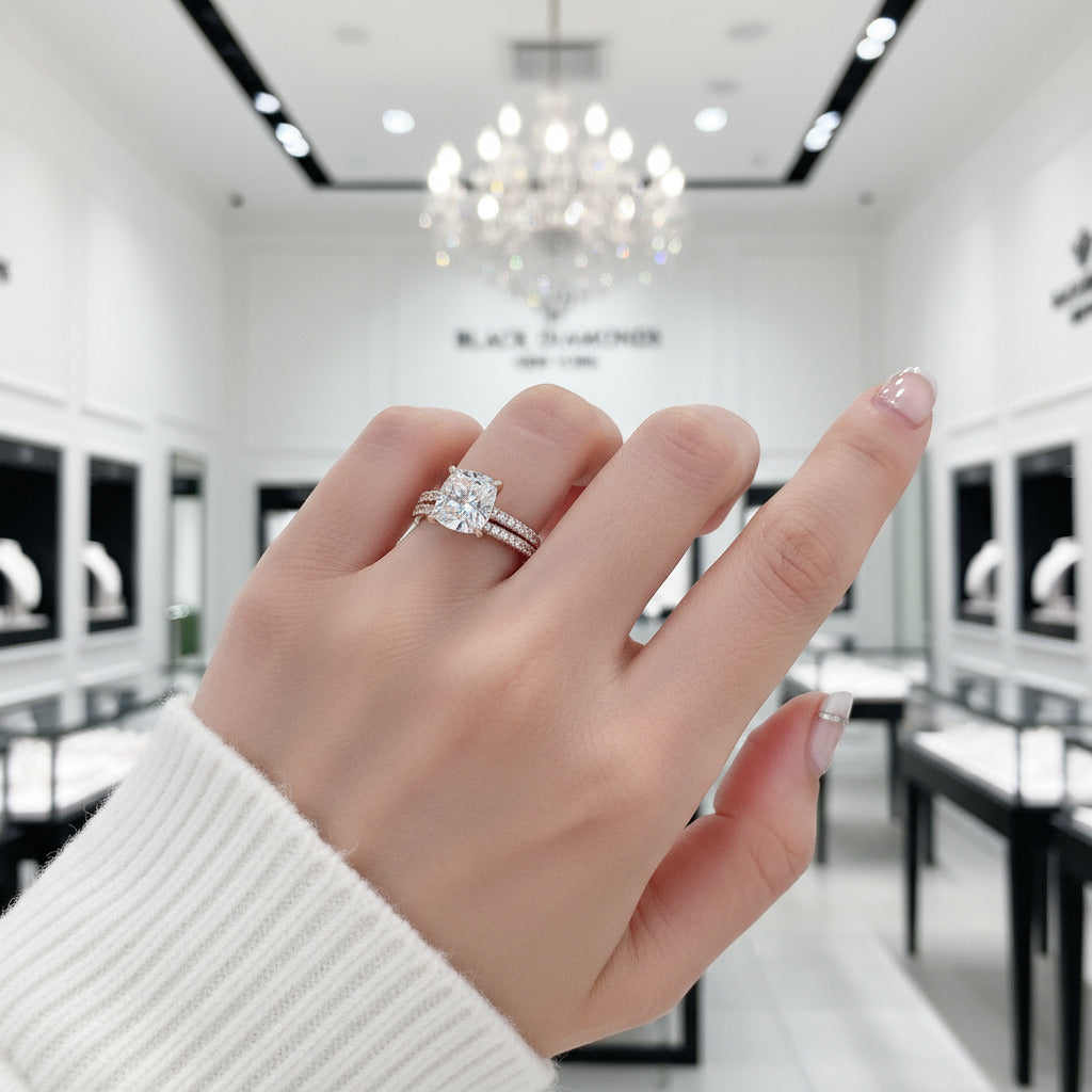 3.0ct Cushion Cut Rose Gold Clear Simulated Sapphire Wedding Ring Set-Black Diamonds New York