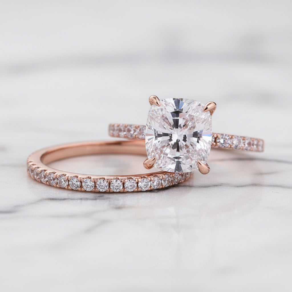 3.0ct Cushion Cut Rose Gold Clear Simulated Sapphire Wedding Ring Set-Black Diamonds New York