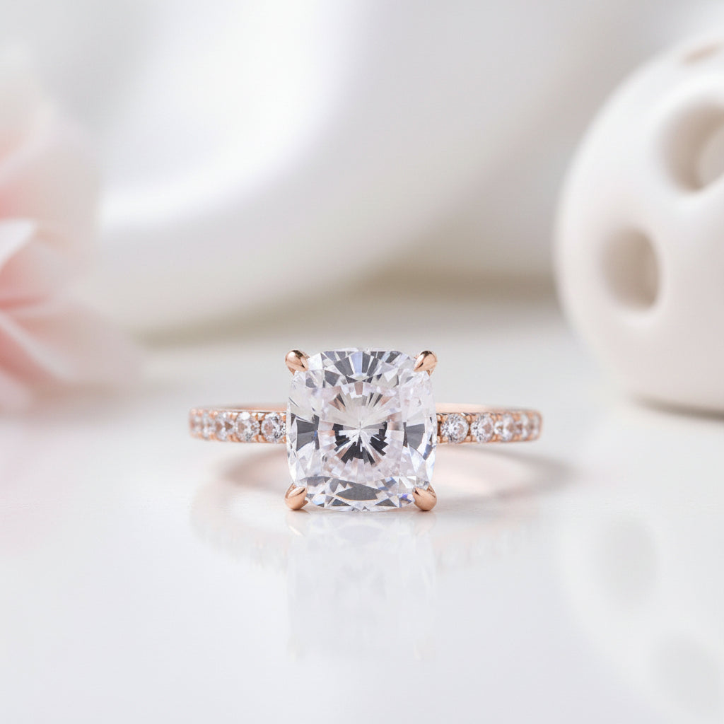 3.0ct Cushion Cut Rose Gold Clear Simulated Sapphire Wedding Ring Set-Black Diamonds New York