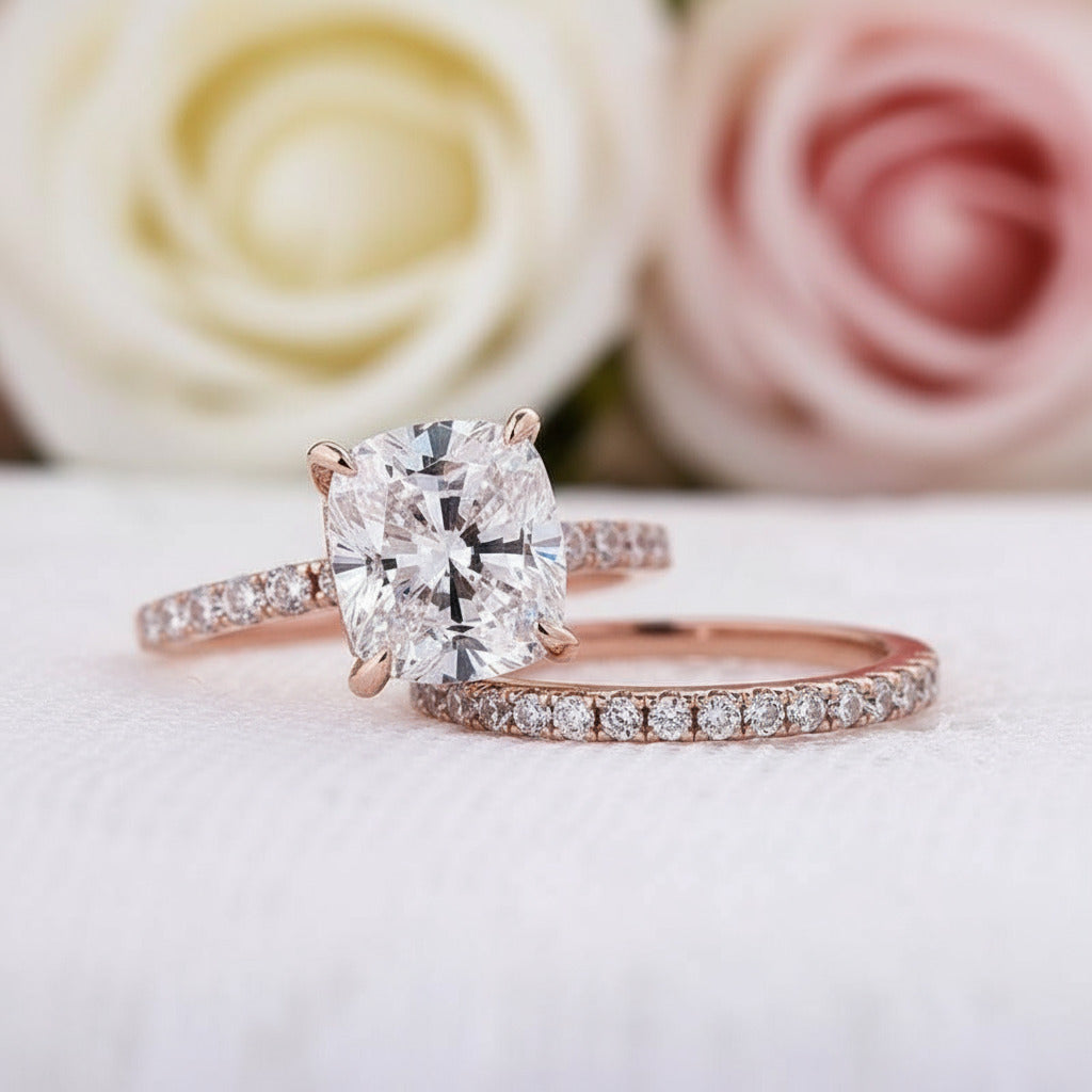 3.0ct Cushion Cut Rose Gold Clear Simulated Sapphire Wedding Ring Set-Black Diamonds New York