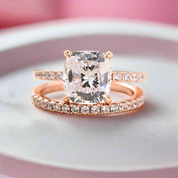 3.0ct Cushion Cut Rose Gold Clear Simulated Sapphire Wedding Ring Set-Black Diamonds New York