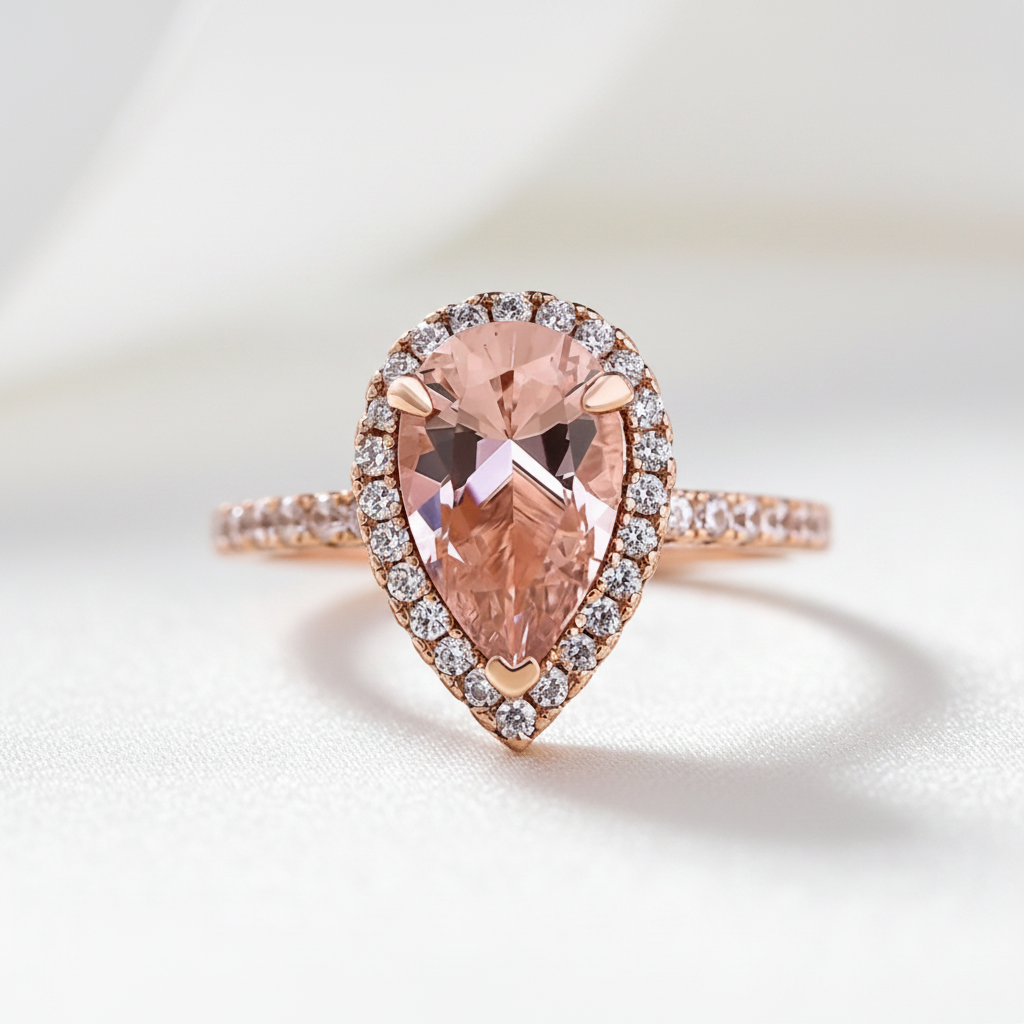 3.0ct Halo Pear Cut Synthetic Morganite Engagement Ring-Black Diamonds New York