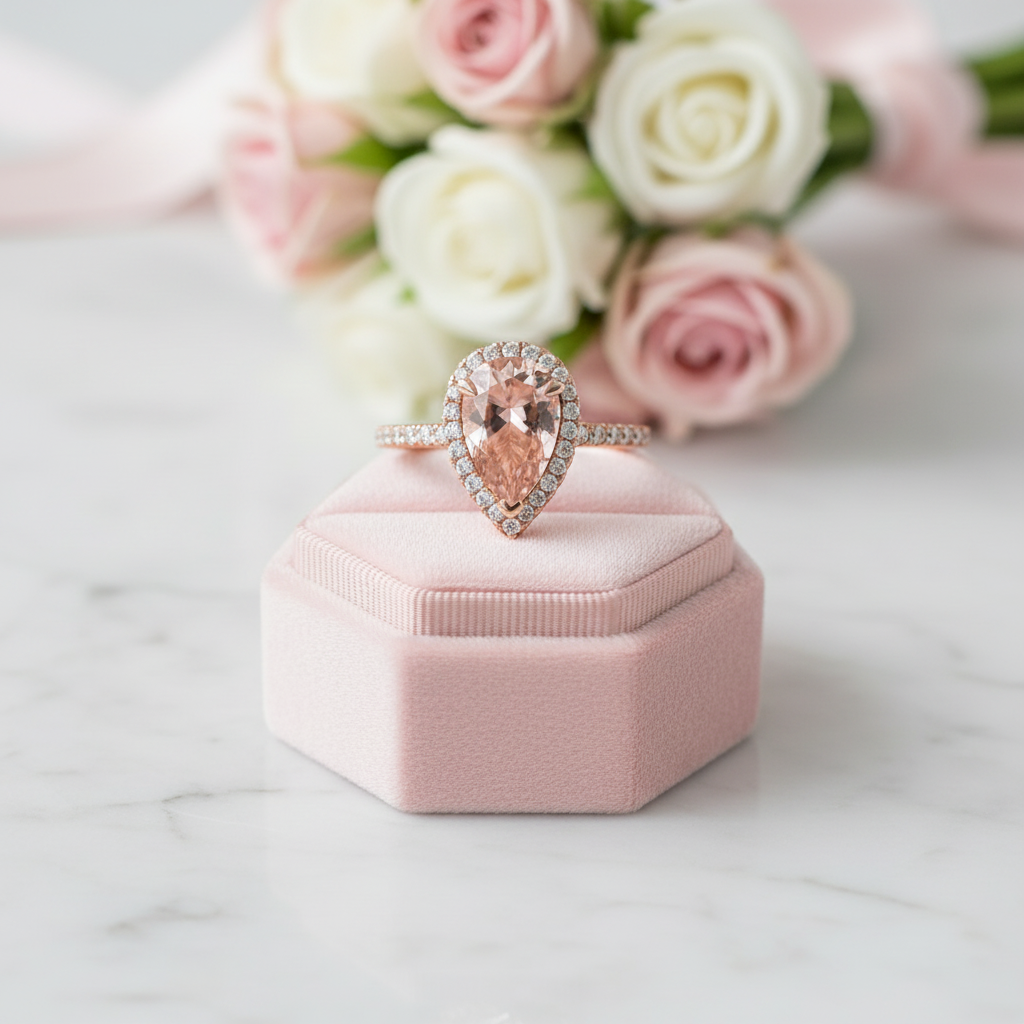 3.0ct Halo Pear Cut Synthetic Morganite Engagement Ring-Black Diamonds New York