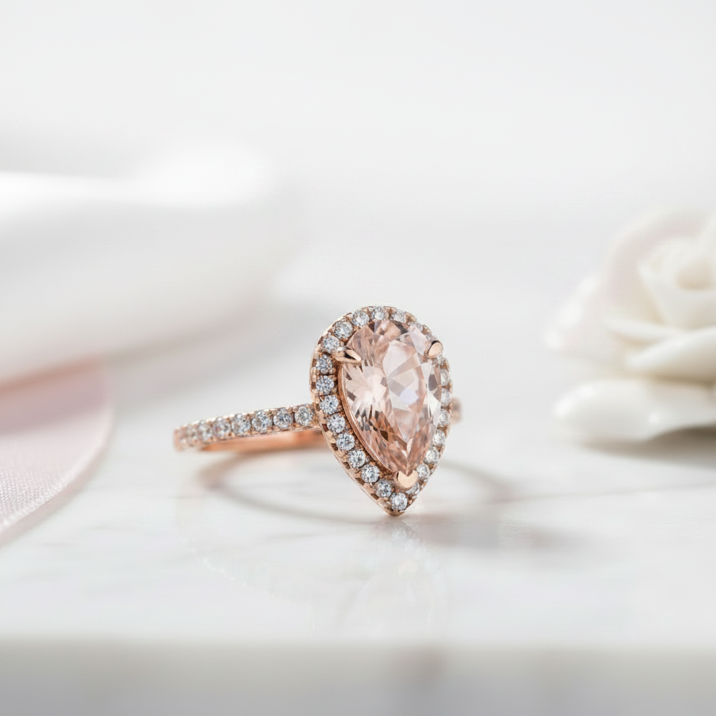 3.0ct Halo Pear Cut Synthetic Morganite Engagement Ring-Black Diamonds New York