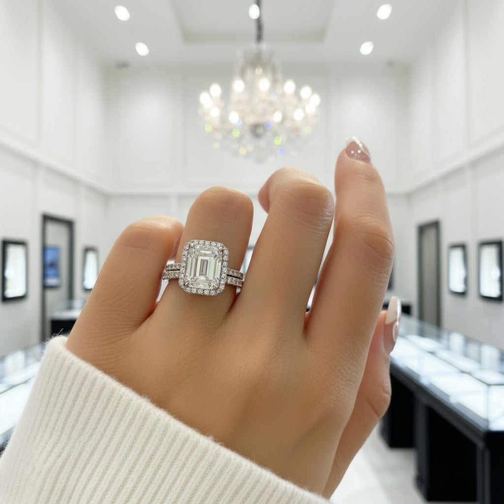 4.0ct Halo Emerald Cut Wedding Ring Set-Black Diamonds New York