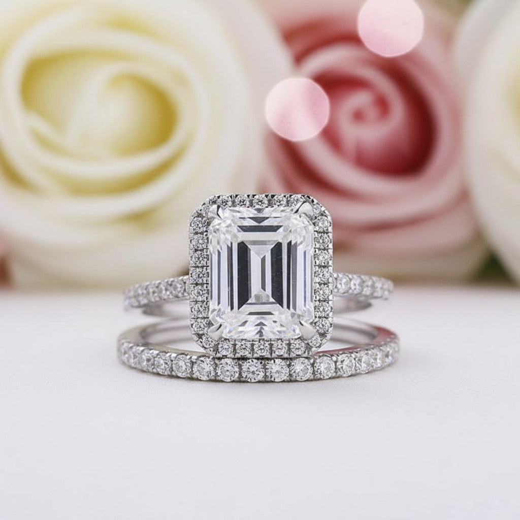 4.0ct Halo Emerald Cut Wedding Ring Set-Black Diamonds New York