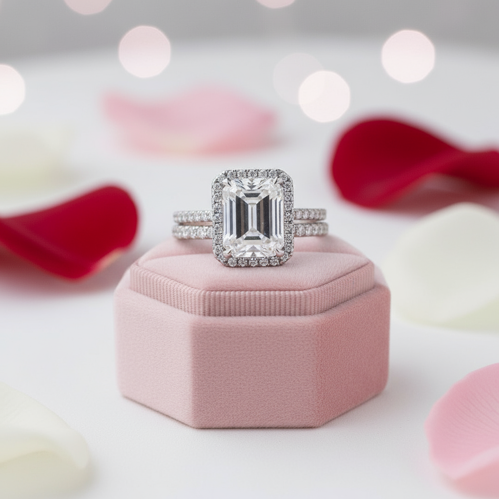 4.0ct Halo Emerald Cut Wedding Ring Set-Black Diamonds New York