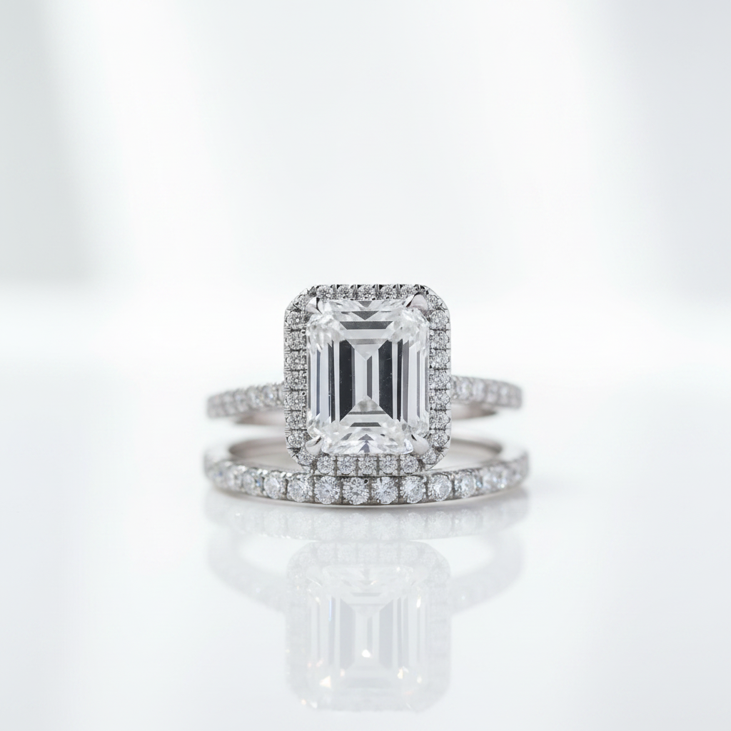 4.0ct Halo Emerald Cut Wedding Ring Set-Black Diamonds New York