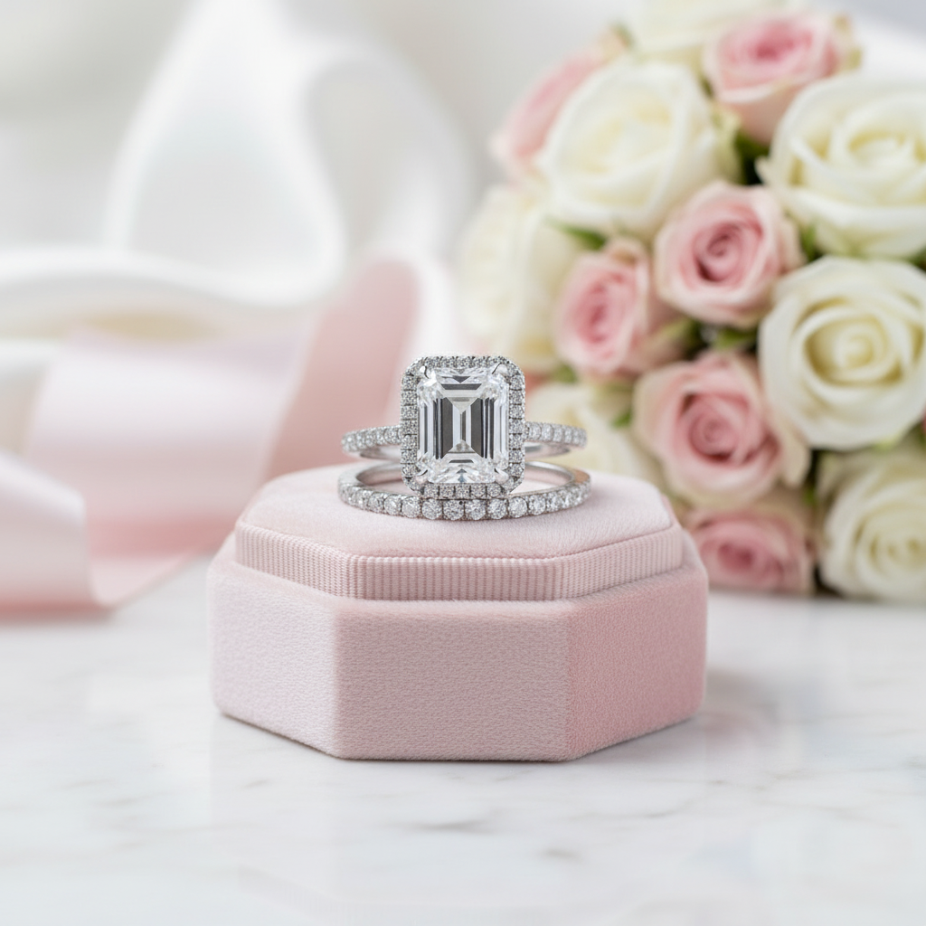 4.0ct Halo Emerald Cut Wedding Ring Set-Black Diamonds New York