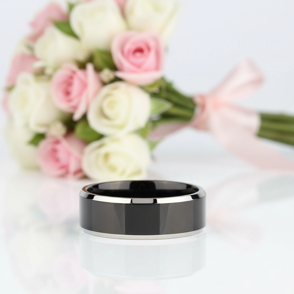 8mm Black Two-Tone Polished Tungsten Men's Wedding Band-Black Diamonds New York