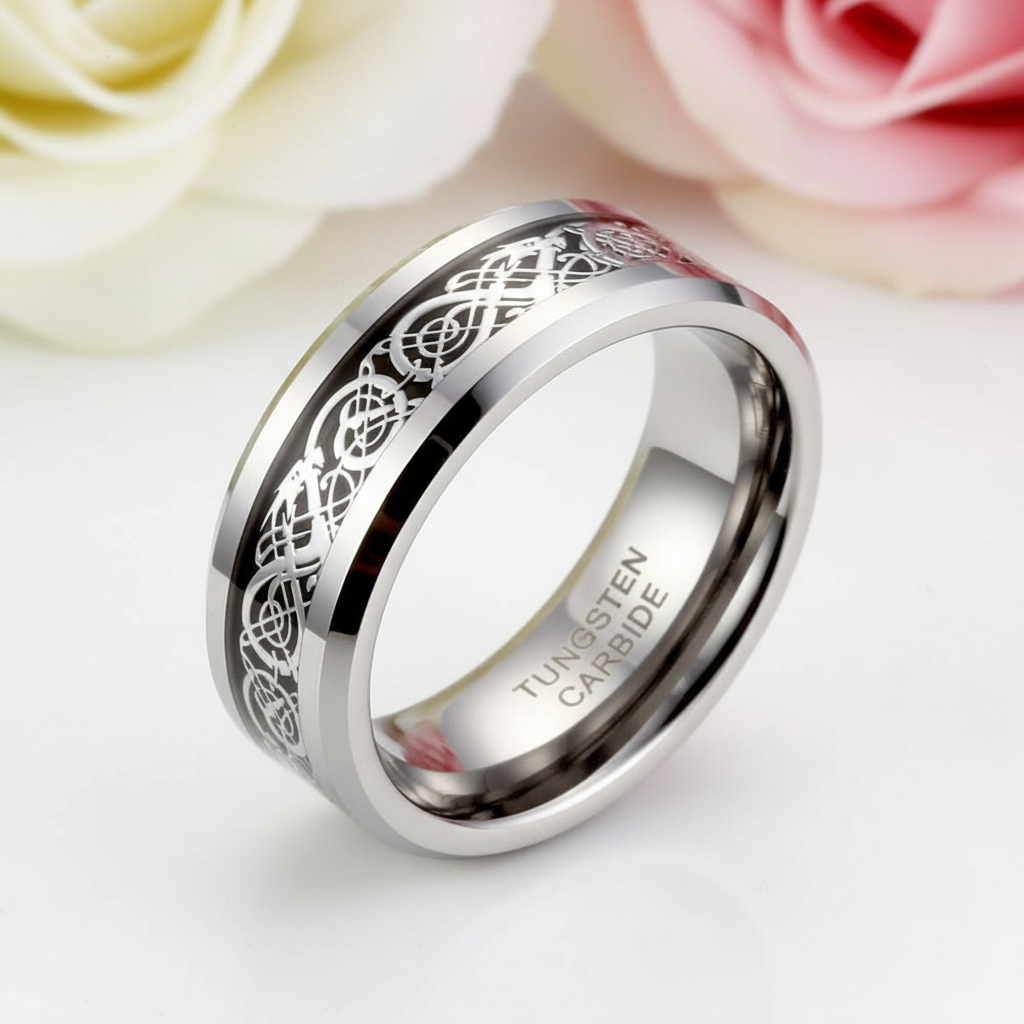 8mm Celtics Dragon Tungsten Carbide Men's Ring-Black Diamonds New York