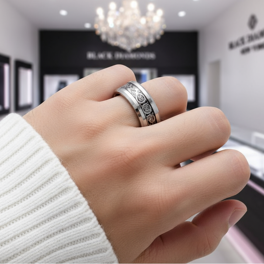 8mm Celtics Dragon Tungsten Carbide Men's Ring-Black Diamonds New York