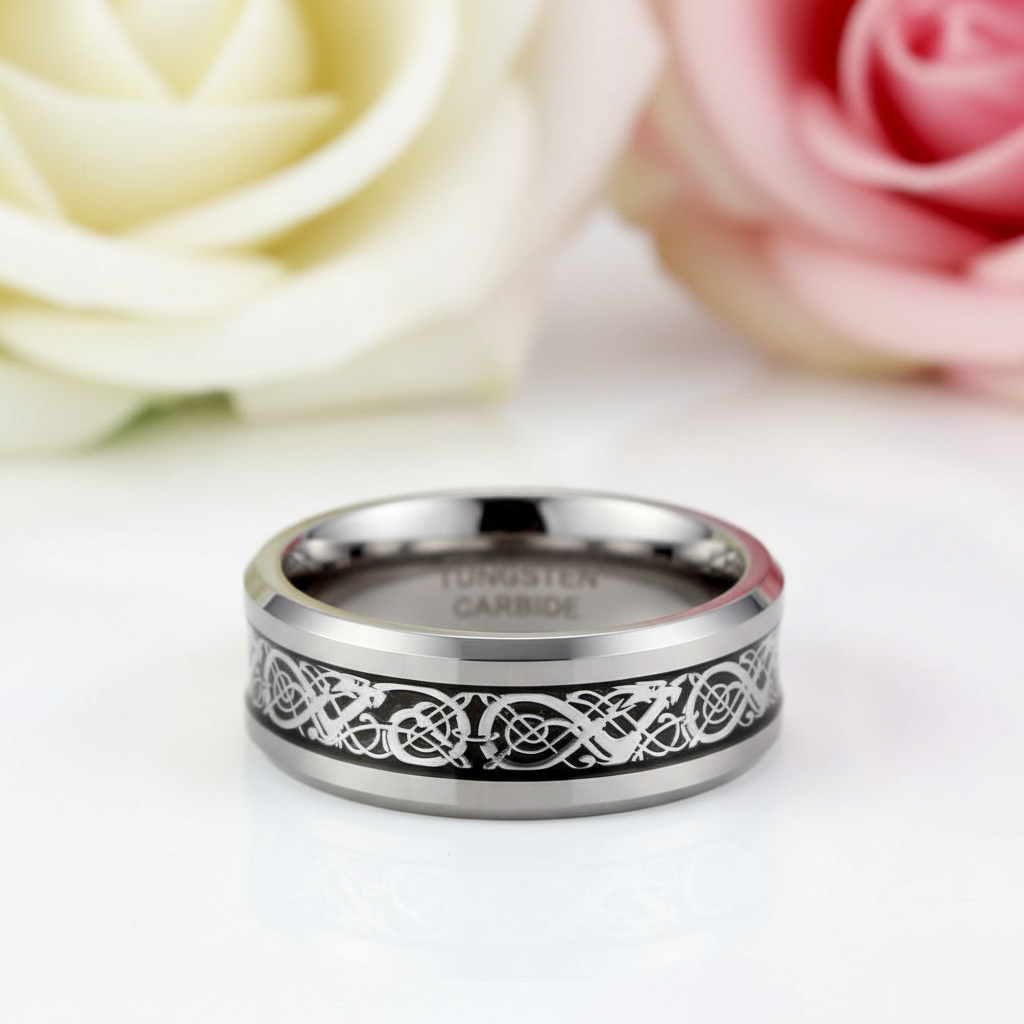 8mm Celtics Dragon Tungsten Carbide Men's Ring-Black Diamonds New York