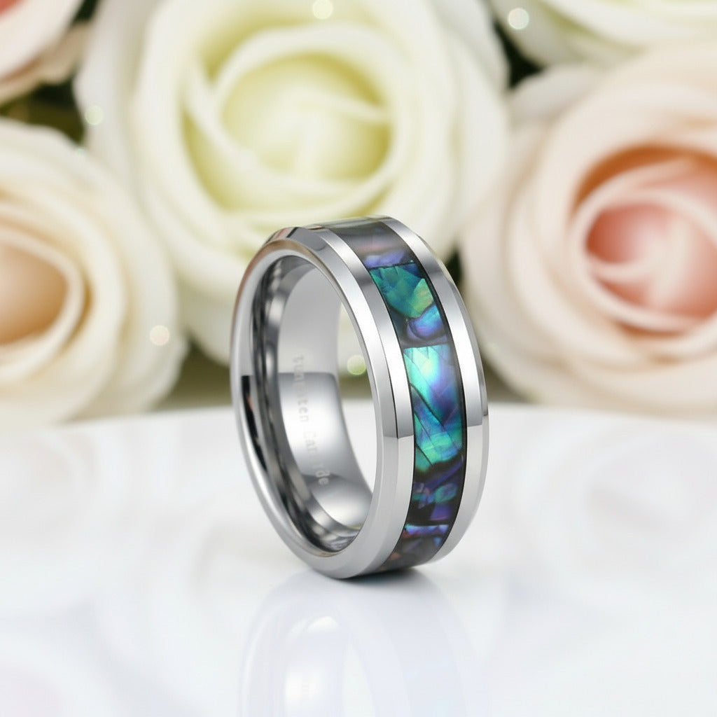 8mm Tungsten Wedding Band with Abalone Shell-Black Diamonds New York