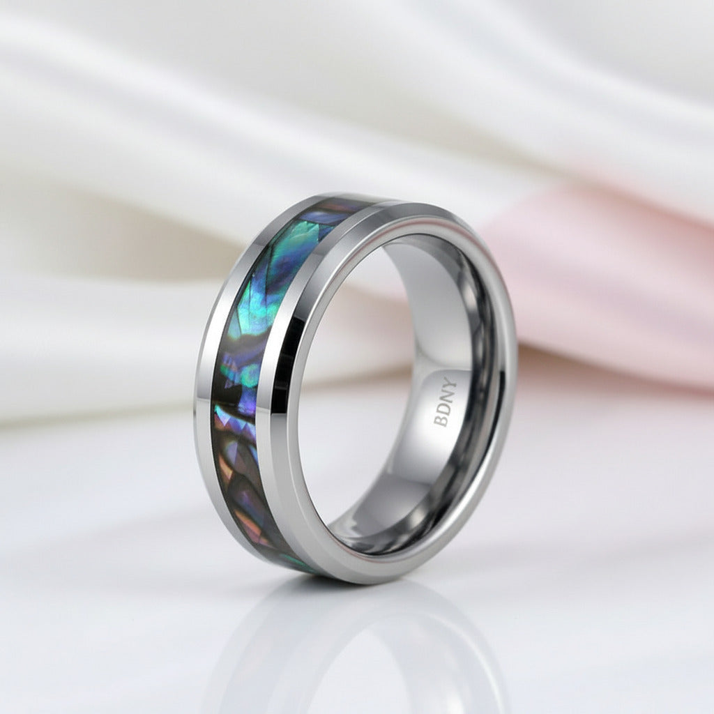 8mm Tungsten Wedding Band with Abalone Shell-Black Diamonds New York