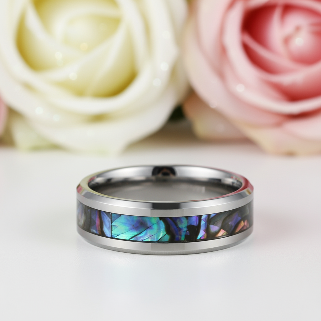 8mm Tungsten Wedding Band with Abalone Shell-Black Diamonds New York