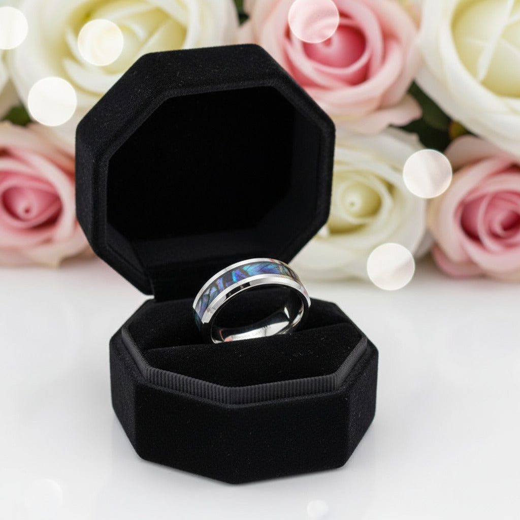 8mm Tungsten Wedding Band with Abalone Shell-Black Diamonds New York