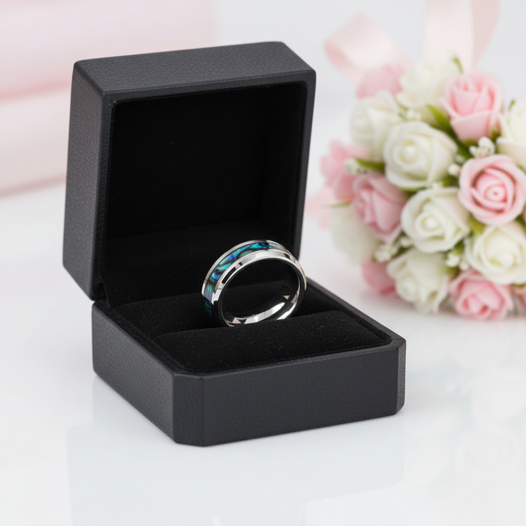 8mm Tungsten Wedding Band with Abalone Shell-Black Diamonds New York
