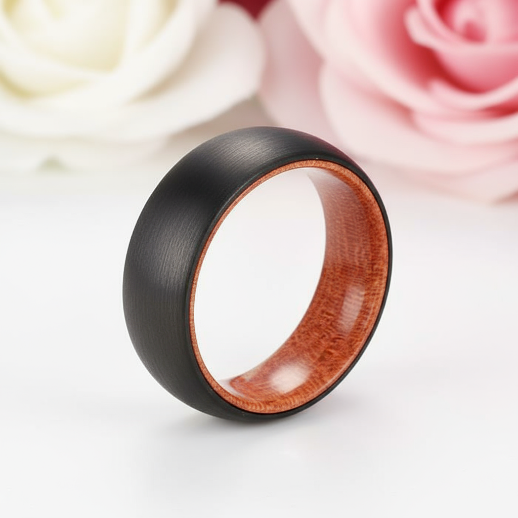 8mm Wooden Inlay & Black Surface Tungsten Carbide Ring-Black Diamonds New York