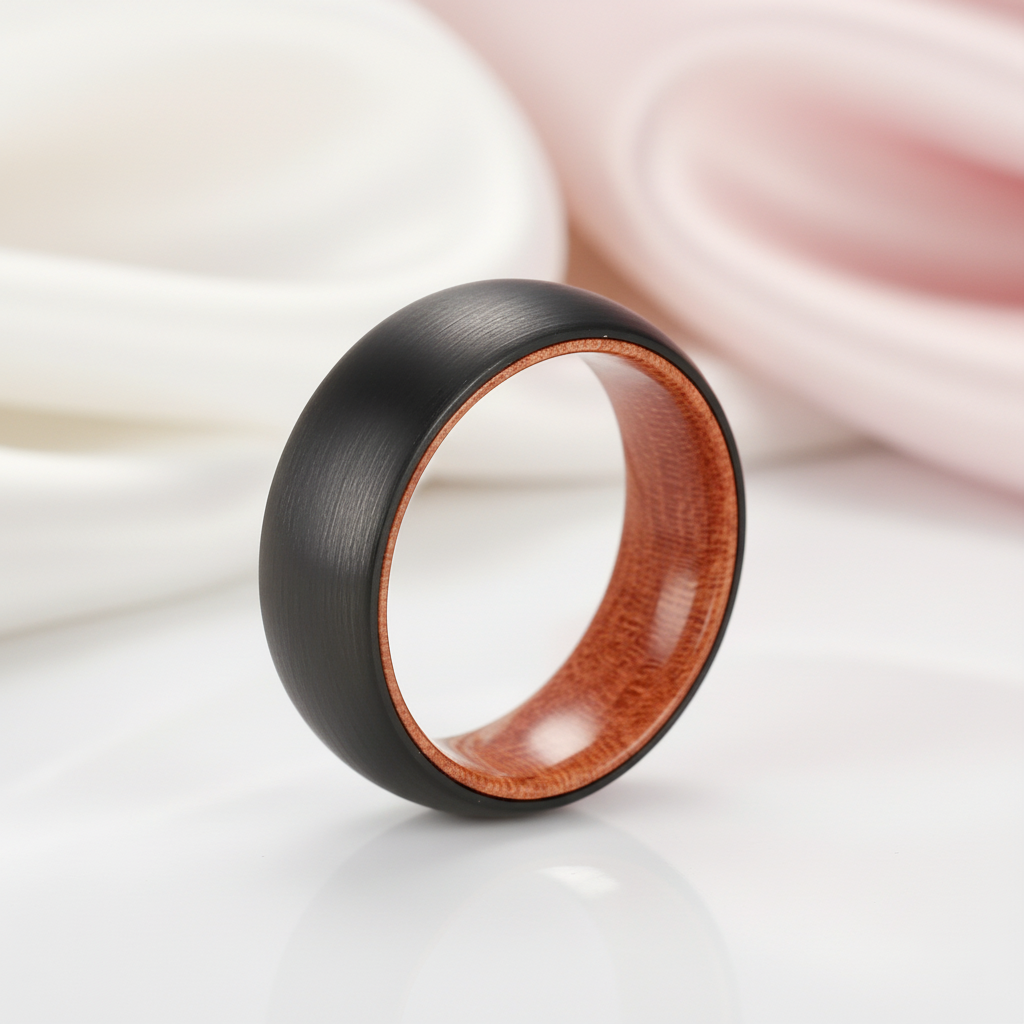 8mm Wooden Inlay & Black Surface Tungsten Carbide Ring-Black Diamonds New York