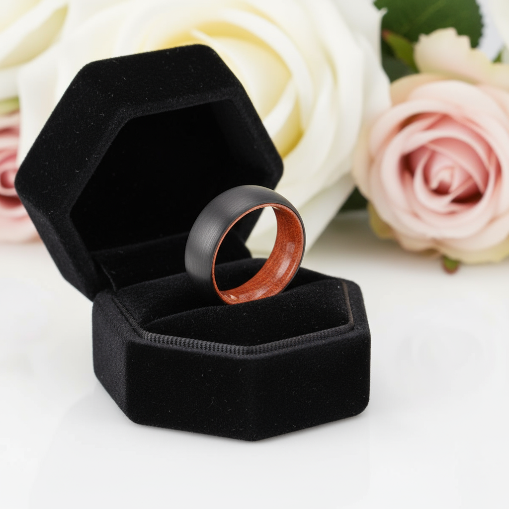 8mm Wooden Inlay & Black Surface Tungsten Carbide Ring-Black Diamonds New York