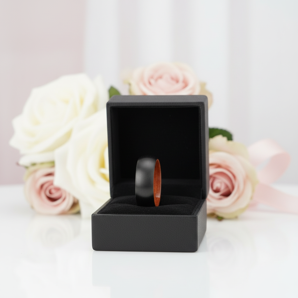 8mm Wooden Inlay & Black Surface Tungsten Carbide Ring-Black Diamonds New York