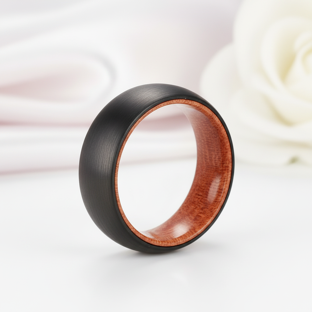8mm Wooden Inlay & Black Surface Tungsten Carbide Ring-Black Diamonds New York